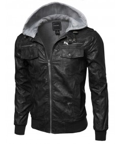 Men's Refined Faux-Leather Moto Jacke With Detachable Hood