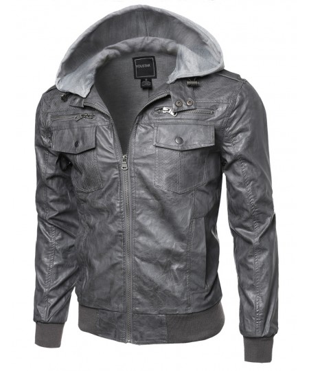 Men's Refined Faux-Leather Moto Jacke With Detachable Hood