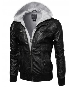 Men's Refined Faux-Leather Moto Jacket With Fleece Hood Attached