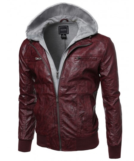 Men's Refined Faux-Leather Moto Jacket With Fleece Hood Attached