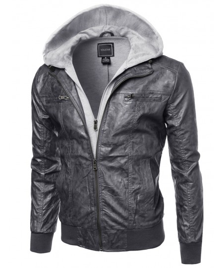Men's Refined Faux-Leather Moto Jacket With Fleece Hood Attached