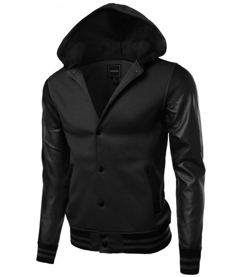 Men's Fine Quality Hood Detachable Faux Leather Contrast Stadium Jacket