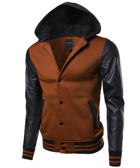 Men's Fine Quality Hood Detachable Faux Leather Contrast Stadium Jacket