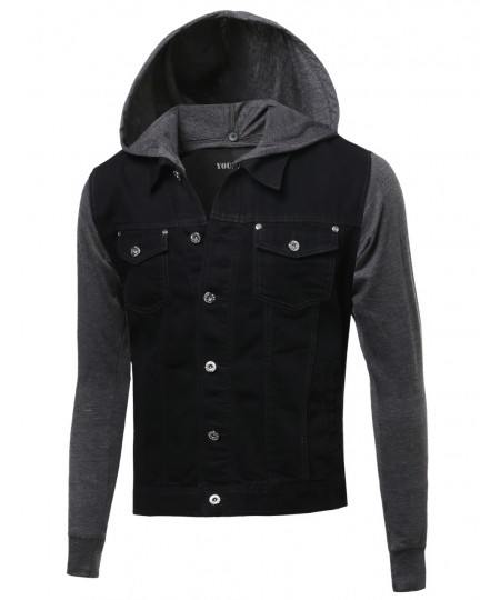 Men's Nicely Stone Washed Denim Contrast Detachable Hooded Jacket