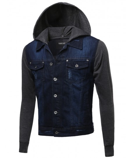 Men's Nicely Stone Washed Denim Contrast Detachable Hooded Jacket