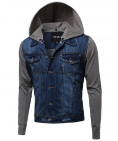 Men's Nicely Stone Washed Denim Contrast Detachable Hooded Jacket