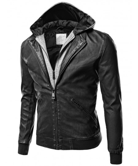 Men's Moto Racer Faux Leather Hooded Jackets