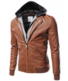 Men's Moto Racer Faux Leather Hooded Jackets