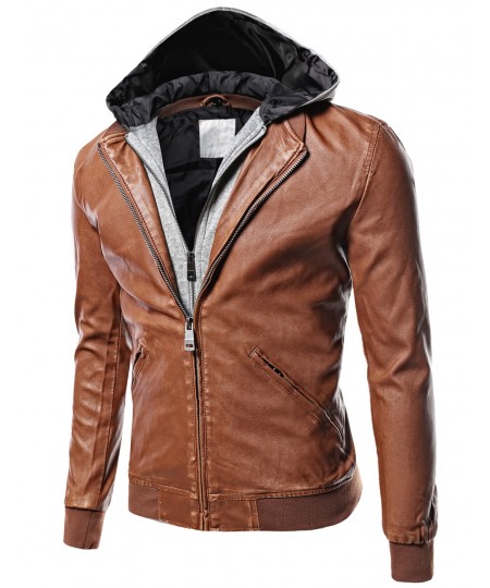 Men's Moto Racer Faux Leather Hooded Jackets