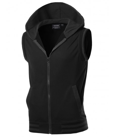 Men's Modern Color Block Sleeveless Zipper Closure Drawstring Hoodie