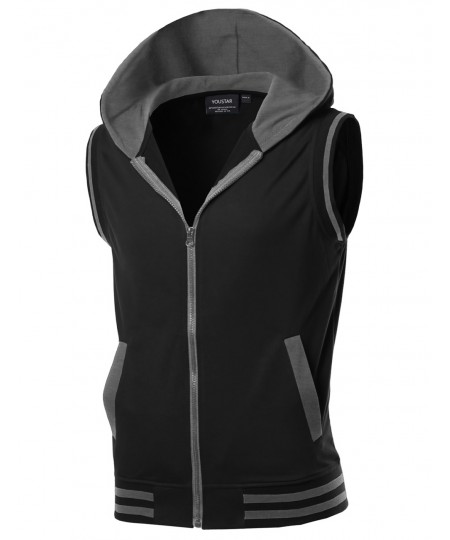 Men's Modern Color Block Sleeveless Zipper Closure Drawstring Hoodie