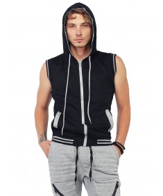 Men's Modern Color Block Sleeveless Zipper Closure Drawstring Hoodie