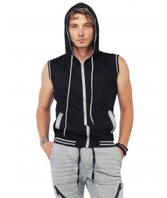 Men's Modern Color Block Sleeveless Zipper Closure Drawstring Hoodie