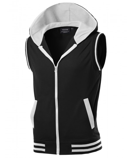 Men's Modern Color Block Sleeveless Zipper Closure Drawstring Hoodie