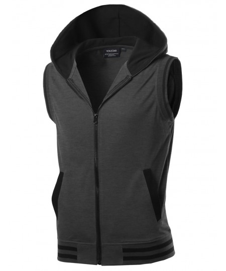 Men's Modern Color Block Sleeveless Zipper Closure Drawstring Hoodie