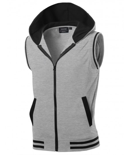 Men's Modern Color Block Sleeveless Zipper Closure Drawstring Hoodie