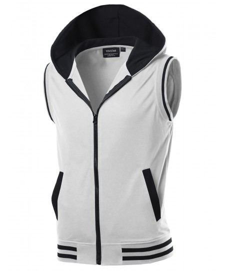 Men's Modern Color Block Sleeveless Zipper Closure Drawstring Hoodie