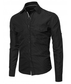 Men's Long Sleeve Patterned High Low Curved Hem Shirt