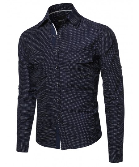 Men's Long Sleeve Patterned High Low Curved Hem Shirt