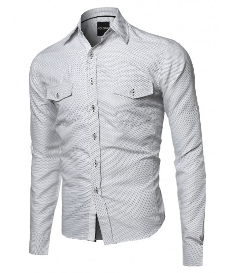 Men's Long Sleeve Patterned High Low Curved Hem Shirt