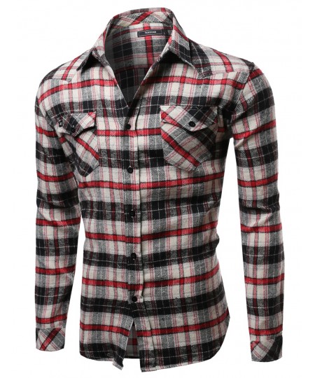 Men's Scotch Plaid Flannel Long Sleeve Button Down Shirt