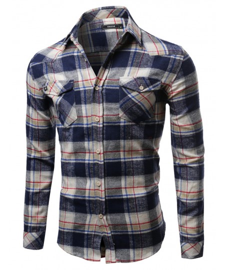 Men's Scotch Plaid Flannel Long Sleeve Button Down Shirt