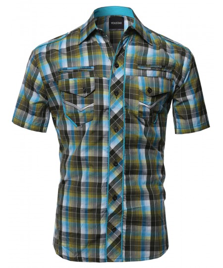 Men's Short Sleeve Checkered Button Down Shirt