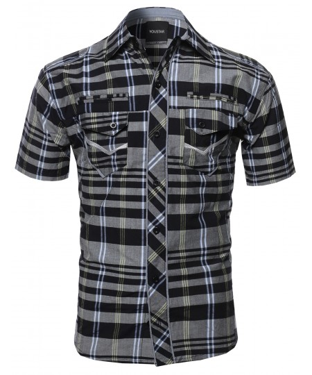 Men's Short Sleeve Checkered Button Down Shirt