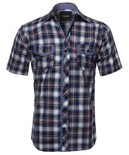 Men's Short Sleeve Checkered Button Down Shirt