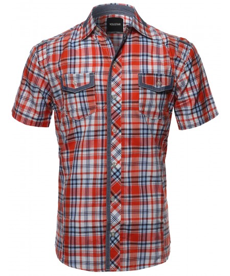 Men's Short Sleeve Checkered Button Down Shirt