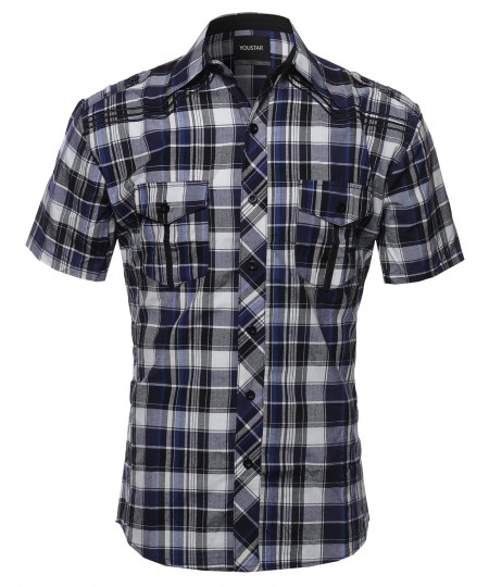 Men's Short Sleeve Checkered Button Down Shirt