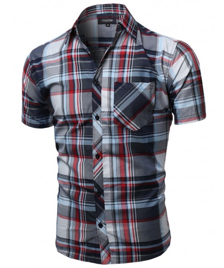 Men's Casual Short Sleeve Buttondown Checkered Plaid Shirts