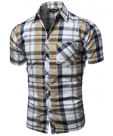 Men's Casual Short Sleeve Buttondown Checkered Plaid Shirts