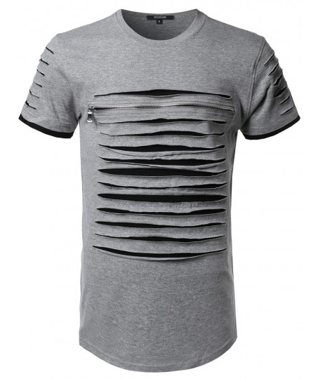 Men's Cut Out Unique Design Front Zipper Short Sleeves Tee Shirt