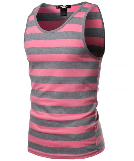 Men's Basic Round Neck Neon Color Wide Stripe Tank Tops