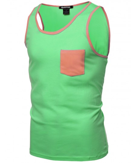 Men's Neon Color Contrast Pocket Round Neck Tank Tops