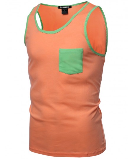 Men's Neon Color Contrast Pocket Round Neck Tank Tops