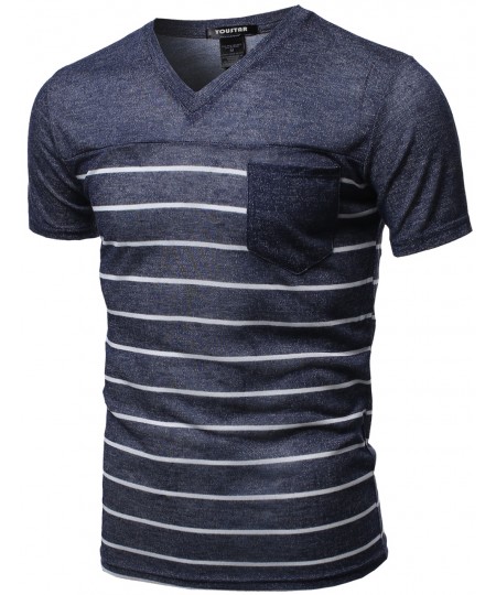 Men's Basic Striped V Neck Pocket Short Sleeve Tops