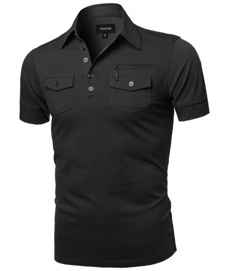 Men's Solid Short Sleeves Five Button Placket Zipper Chest Polo Shirt