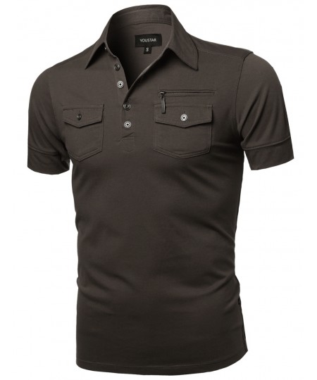 Men's Solid Short Sleeves Five Button Placket Zipper Chest Polo Shirt