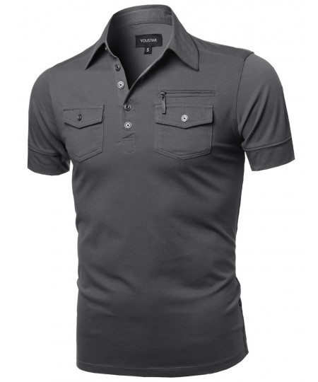 Men's Solid Short Sleeves Five Button Placket Zipper Chest Polo Shirt