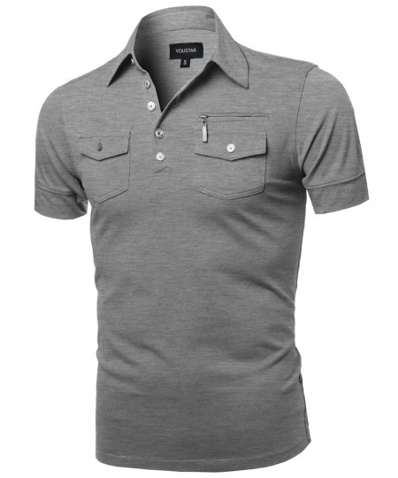 Men's Solid Short Sleeves Five Button Placket Zipper Chest Polo Shirt