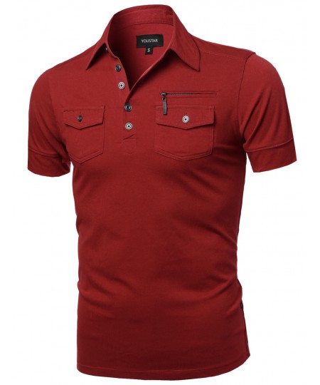 Men's Solid Short Sleeves Five Button Placket Zipper Chest Polo Shirt