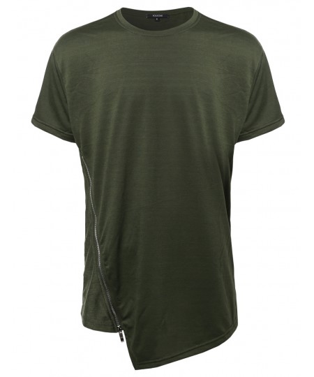 Men's Solid Asymmetric Zipper Side Front Short Sleeves Tee Shirt