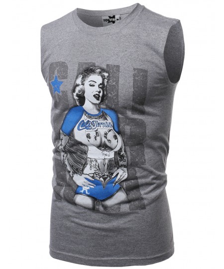 Men's Sleeveless Marylin Monroe California Tattoo Printed Tank Tops