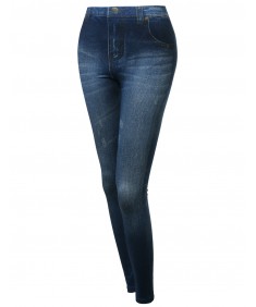 Women's Highrise Denim Printed Good Strechy Legging In Blue Or Black