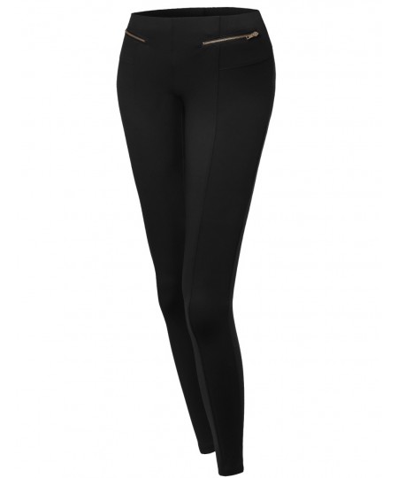 Women's Elastic Waist Band Zipper Detailed Soft Legging- Like Pants