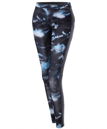 Women's Galaxy Printed Pu Contrast Leggings