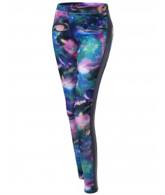 Women's Galaxy Printed Pu Contrast Leggings