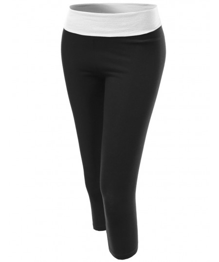 Women's Basic 3/4 Foldover Contrast Waistband Workout Yoga Pants